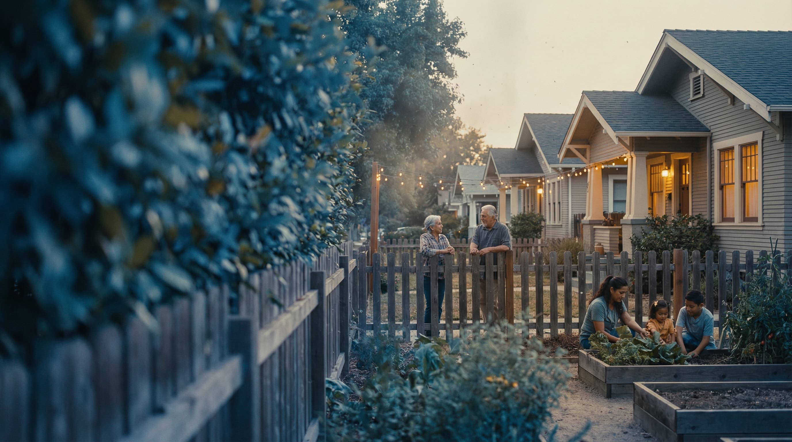 California neighborhood garden at dusk with string lights